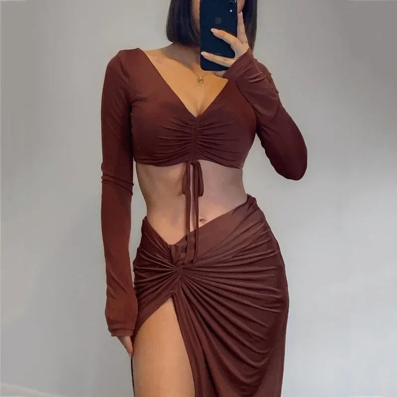 nvxiot  -  European and American Autumn 2024 New Women's V-neck Pleated Crop Top High Slit Long Skirt Two-piece Street Style Suit Women