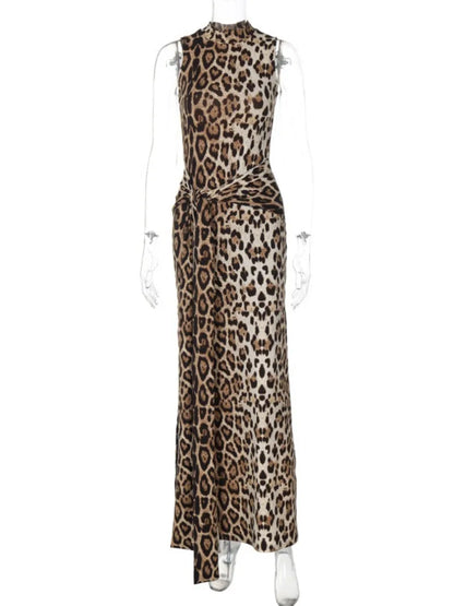 vzyzv  -   Woman Elegant Leopard Print Bandage Long Dress  Summer Sexy O-neck Sleeveless Tunics Bodycon Slit Evening Party Dresses