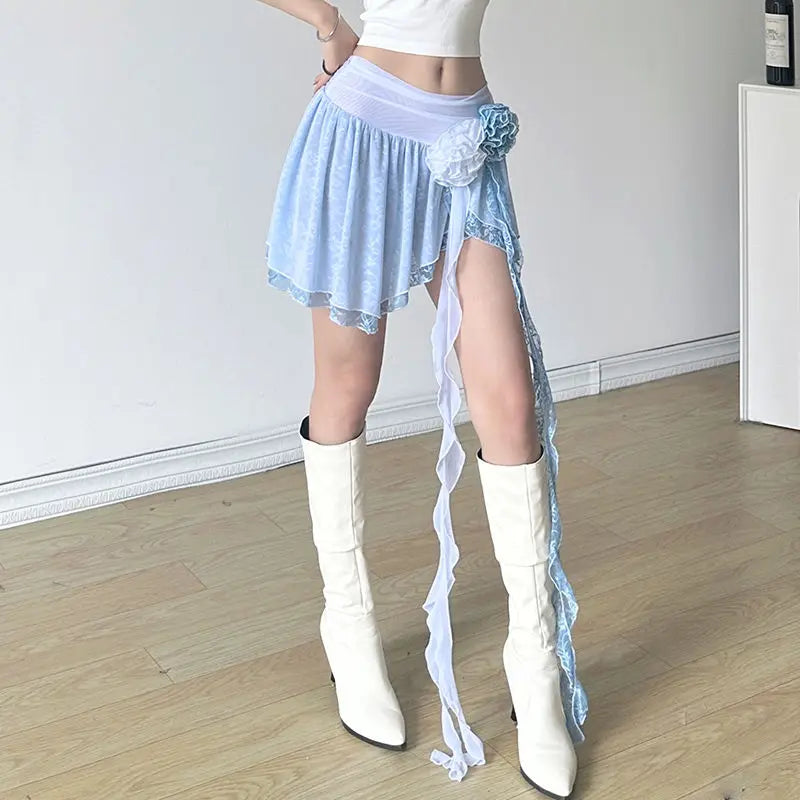 vzyzv  -  Skirt Rose Flower Double-Layer Streamer Mesh With Irregular Girly Style Cute Skirt  Summer New Pure Desire Fairy Skirt