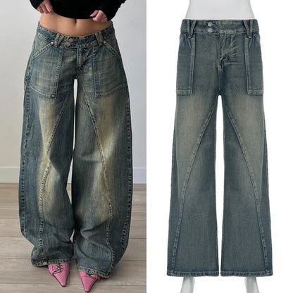 vzyzv  -  Denim Irregular Jeans America Sexy Cotton Distressed Split Line Pants Girl Retro Casual Low Waist Loose Versatile Wide Leg Pants