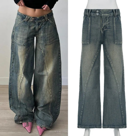 vzyzv  -  Denim Irregular Jeans America Sexy Cotton Distressed Split Line Pants Girl Retro Casual Low Waist Loose Versatile Wide Leg Pants