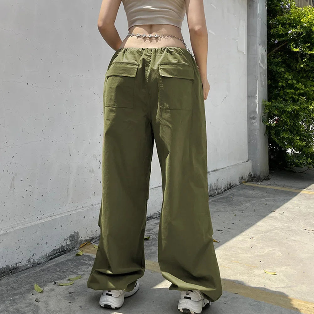 nvxiot  -  2024 women's new pants with large pockets and drawstring, fashionable low waisted wide leg casual pants streetwear women YBF23-3