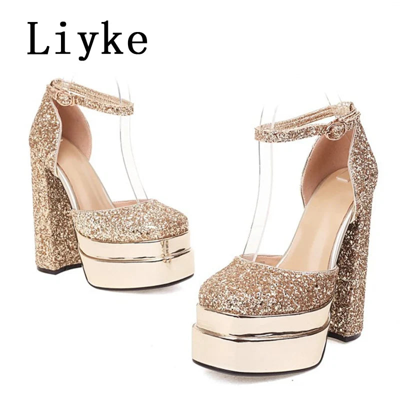 TAVIMART  -  New Fashion Glitter Sequined Cloth Women Pumps Platform Chunky High Heels Sexy Party Wedding Banquet Shoes Size