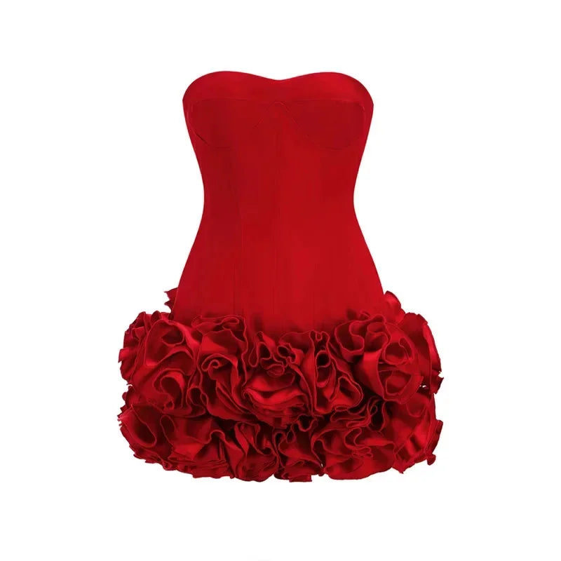 vzyzv  -  Luxury Christmas Dress Sexy Strapless Backless Red Structured Floral Embellished Mini Dresses Woman Bodycon Cocktail Party Gowns