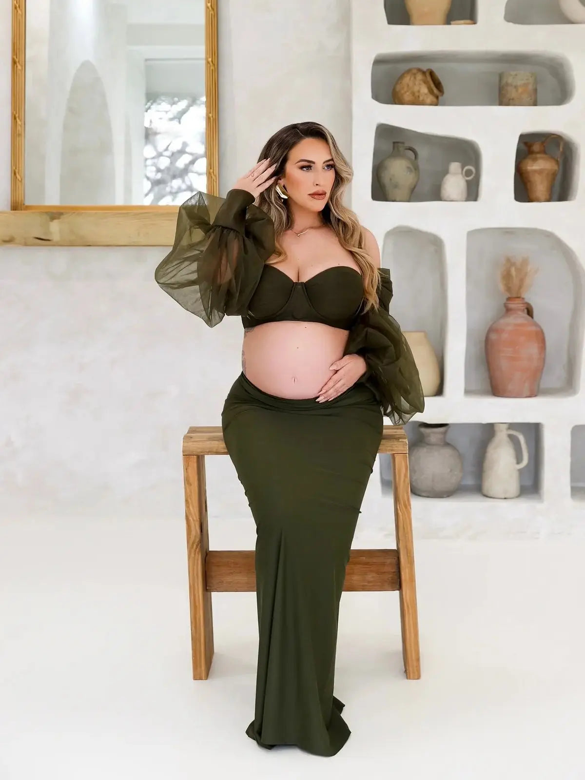 nvxiot  -  Blackish Green Tulle Maternity Photography Dress Set Off-shoulder Plus Size Sexy Pregnancy Gown for Women Photoshoot 2024