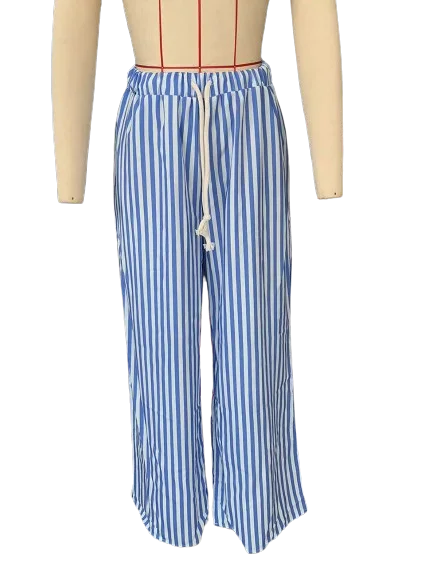 vzyzv -  Summer Striped Casual Pants Women 2024 New Rise Low Waist Chic Drawstring Trouser Simple Fashion Wide Leg Pant Female Bottom