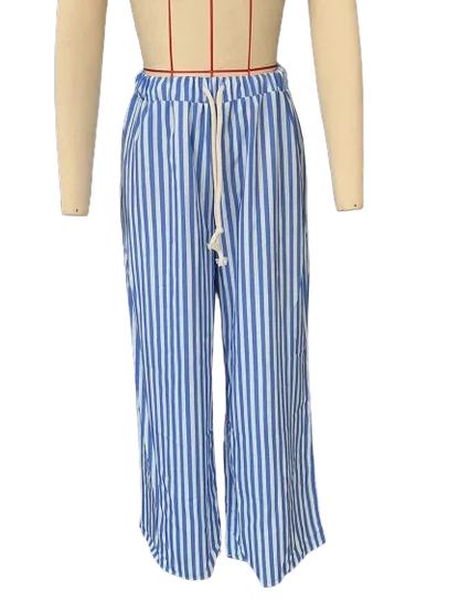 vzyzv -  Summer Striped Casual Pants Women 2024 New Rise Low Waist Chic Drawstring Trouser Simple Fashion Wide Leg Pant Female Bottom