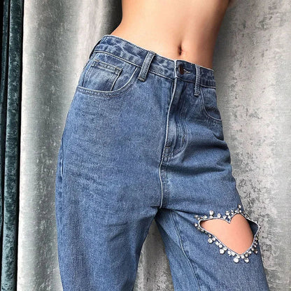 vzyzv  -  Female Mom Jeans High Waist Women Blue Heart Hole Diamond Denim Trousers Straight Leg Baggy Ripped Pants Streetwear Jeans