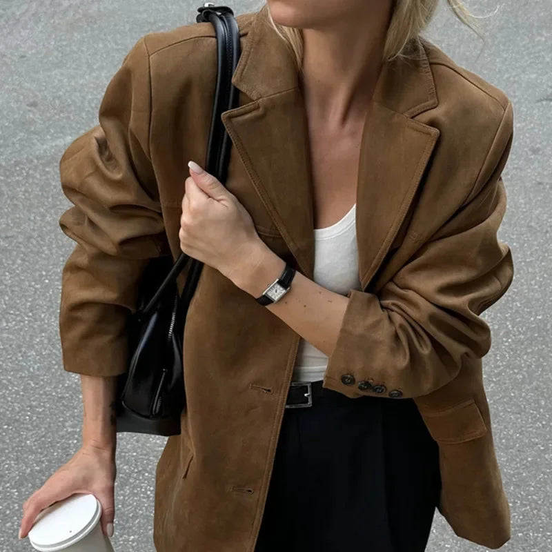 vzyzv  -  Vintage Lapel Pocket Suede Leather Jacket Women Fashion Loose Single Button Oversize Brown Coats Female Street Chic Clothes