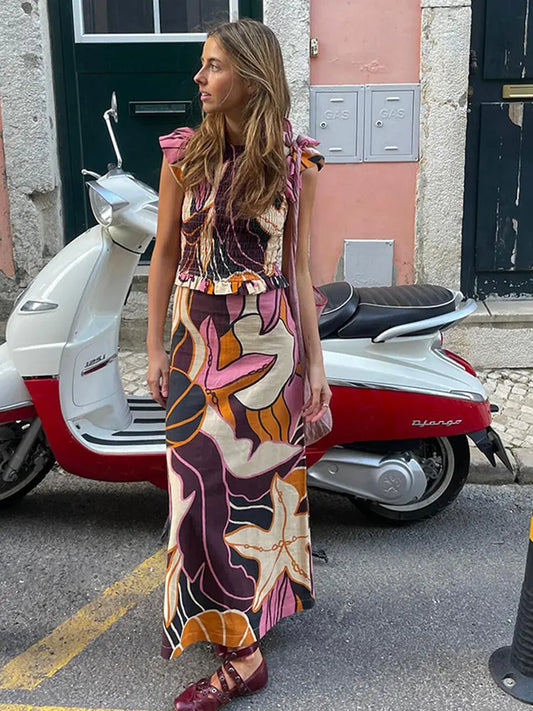 vzyzv  -   Summer Women's Printed Long Skirt Suit Casual O-neck Fly Sleeve Slim Pleated Tops Two-piece Set 2024 Lady Vacation Beach Outfits