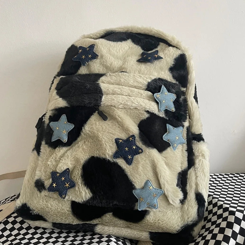 vzyzv  -  Korean Fashion Leopard School Backpack for College Students Y2k Star Patchwork Aesthetic Cute Girl Backpack  All Match Mochilas