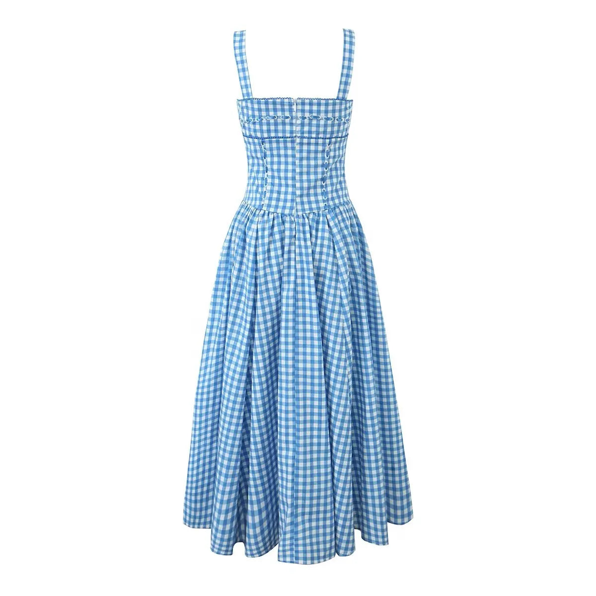 vzyzv  -  Summer Fashion Atmosphere Retro Blue Plaid Flap Pocket Pants Suspender Long European And American Style Street Design Dress