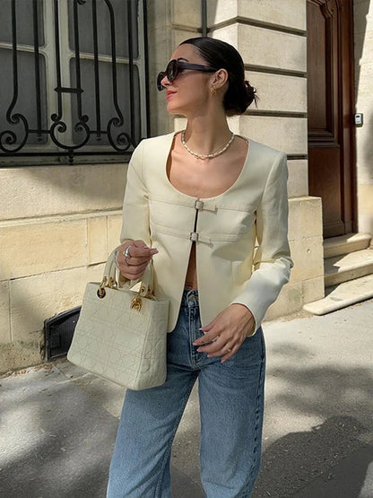 vzyzv  -  Women's Casual Lace Up Top White Denim Jacket Metal Buckle Hollow V Neck Long Sleeved Loose Solid Color Women's Top