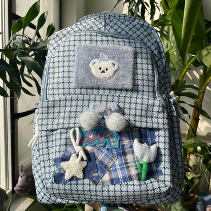 vzyzv  -  Korean Preppy Plaid High-capacity School Backpack Cute Bear Star Patchwork Y2k Aesthetic Sport Travel Bag Mochilas Para Mujer