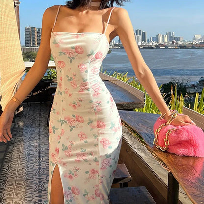 vzyzv  -  Summer New Slim Sling Rose Print Dress Elegant Sexy Backless Slit Dress Lace-Up Pullover Women's French Style