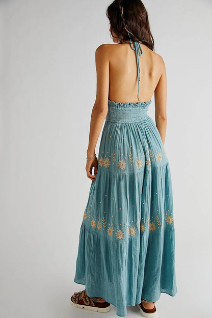 nvxiot  -  Bohemian Style A-line Spaghetti Maxi Dress V-neck Sleeveless Embroidery Summer Dress Backless Holiday Vestidos Chic Robes