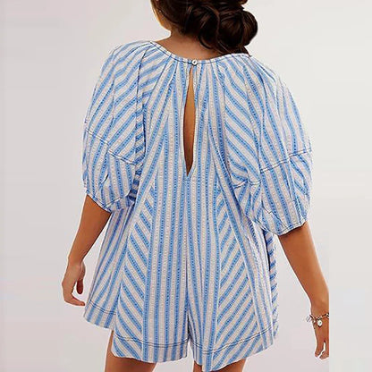 vzyzv -  New 2024 Summer Striped Print Loose Shorts Jumpsuit Ladies Sexy V Neck Lace Up Beach Playsuit Fashion Puff Sleeve Pocket Romper