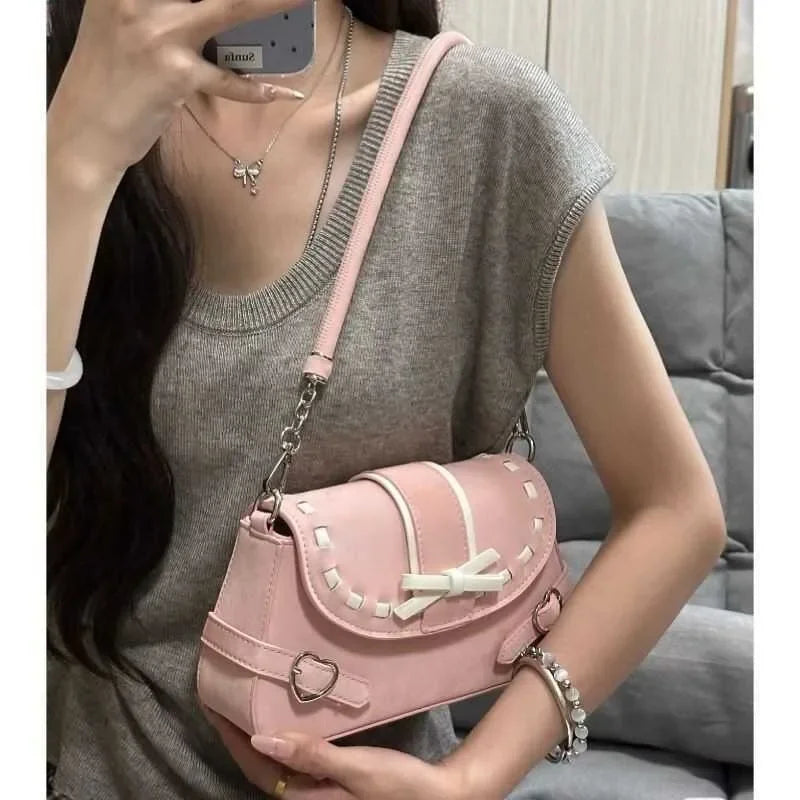 vzyzv  -  Pink Y2k Womens Shoulder Bag Elegant Fashion Casual Bow Sweet Handbags Exquisite Literary Korean Style New Aesthetic Bag