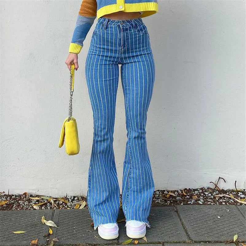 vzyzv  -  Women Stretch Flare Hips Wrap Jeans Lady Vintage Y2K Punk Blue High Waist Denim Pants Lady Streetwear Striped Plaid Trousers