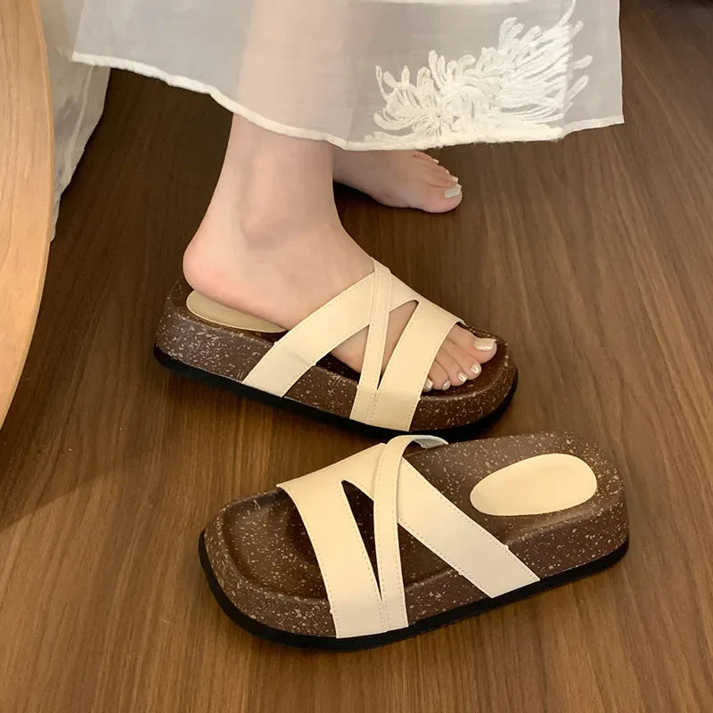 vzyzv  -  Flat Shoes Female Med Ladies' Slippers Slipers Women Platform 2024 Beach Soft Rome Rubber Fabric Slides Retro Casual PU Scandal