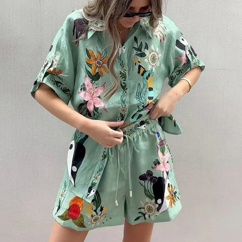 vzyzv -  Fashion Long Sleeve Button Shirt Tops&Pants Suit New Women's Outfits 2024 Summer Floral Printed Hawaii Beach Vocation 2Pcs Set