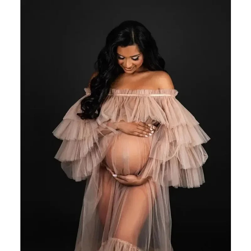 nvxiot  -  Dusty Pink See Thruough Maternity Dresses  Tiered Tulle Off Shoulder Sheer Maternity Photography Dress Baby Shower