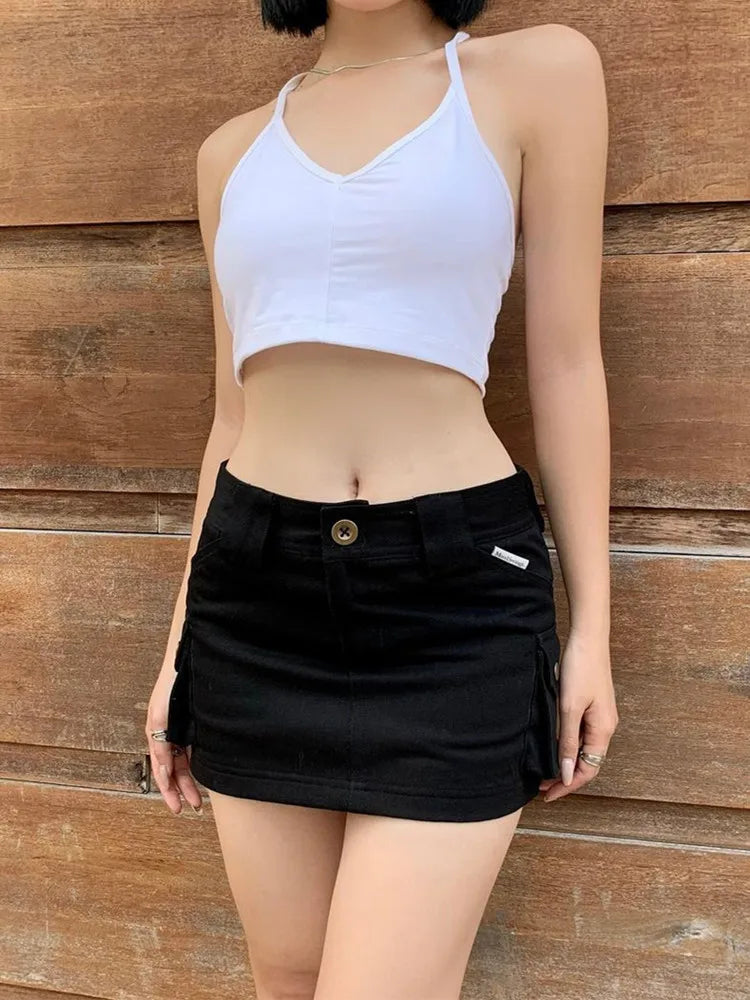 vzyzv -  Summer Women Side Double Pockets Package hips Cotton Skirts Khaki Black Y2K Safari Low Waist Mini Skirt