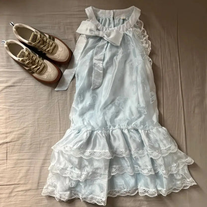 vzyzv  -  Summer New Sweet Sleeveless Student Bow Loose Blue Lace Cake Dresses for Women Korean Chic Loose A-line Mid Length Dress