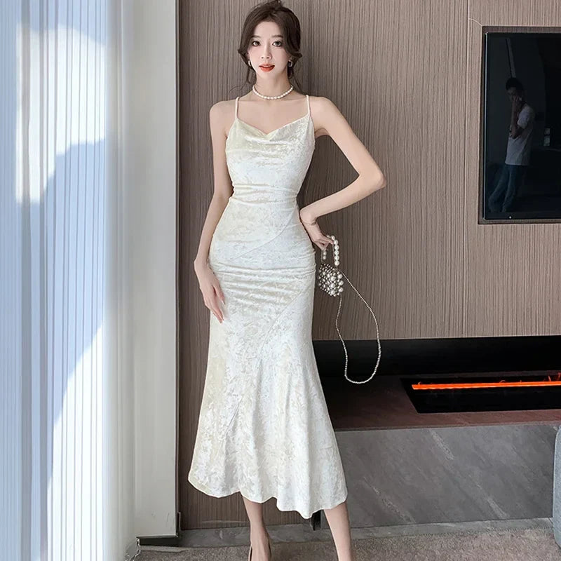 nvxiot  -  2024 New White Velvet Luxury Sling Long Dress Autumn Winter Elegant Ruffled Mermaid Dress Women Korean Vintage Dance Party Dress