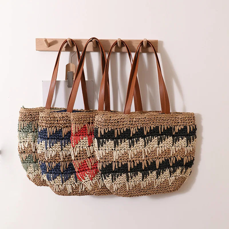 vzyzv -  New One Shoulder Grass Woven Bag Contrast Color Handmade Large Capacity Beach Vacation Leisure Summer Women's Bag