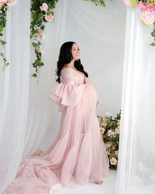 nvxiot  -  Light Pink Maternity Dresses V Neckline Ruched  Long Sleeve Pregnancy Women Robes for Photo Babyshower Vestidos with Two Pieces