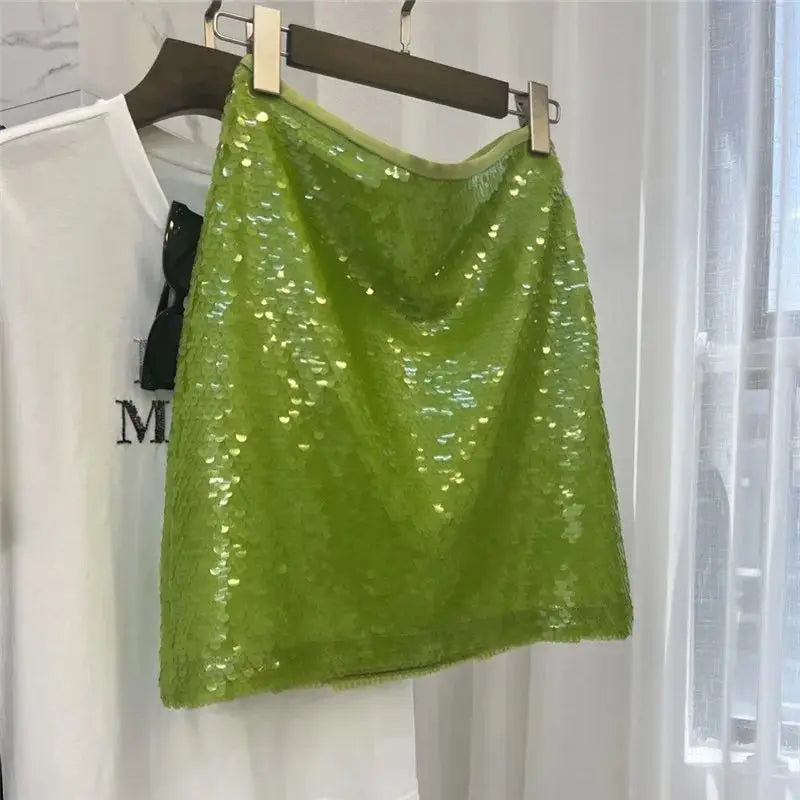 vzyzv -  Summer Green Sequined Mini Skirt Women Fashion Versatile Zipper A-line Mesh Skirt Female Luxury Party Skirts Z244