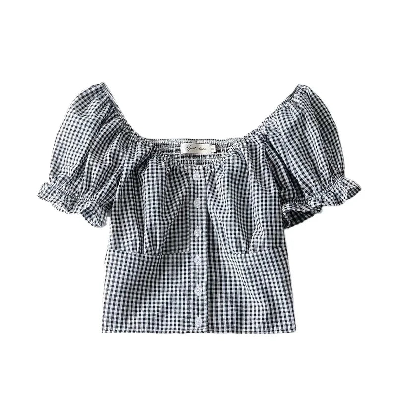 vzyzv -  Summer Women Plaid Puff Sleeve Crop Top Girls Sweet Harajuku Mini Tops Red Ladies Sexy Low Cut Tops Plaid Short Tshirt Ruched