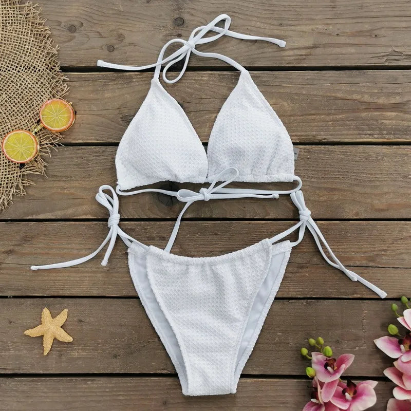 vzyzv -  Summer Sexy Lace Bikini 2 Piece Set Women Solid White Halter Bandage Bra Lace Up Briefs Floral Bodycon Skirt Beach Swimwear