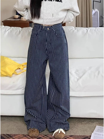 vzyzv  -  Women's Retro Blue Striped Wide Leg Pants Cool Girl Street Fashion Bottoms Female High Waist Loose Casual Straight Trousers