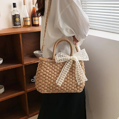 vzyzv -  Luxury Designer Women's Hand Woven Straw Bag Summer New Bohemian Beach Seaside Travel Handbag Lace Bow Drawstring Tote Picnic