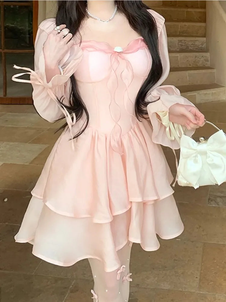 vzyzv  -  Lolita Sweet Y2k Mini Dress Woman Pink Kawaii Long Sleeve Dress Party Summer Elegant One Piece Dress Korean Fashion Chic