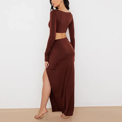 nvxiot  -  European and American Autumn 2024 New Women's V-neck Pleated Crop Top High Slit Long Skirt Two-piece Street Style Suit Women