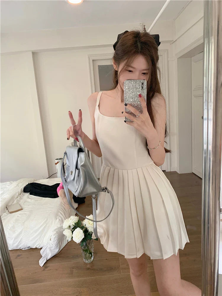 vzyzv  -  Pleaded White Dress Women A-line Summer Fashion Camisole Dress Korean Style Kawaii High Wasit Chic Vestidos 2024 Solid