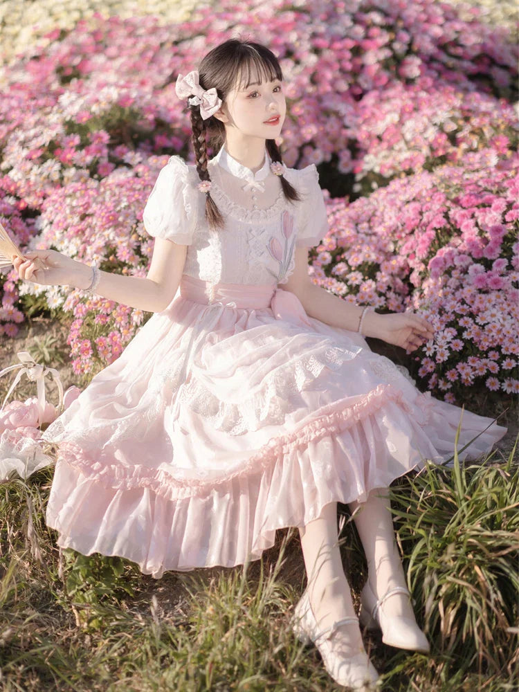 vzyzv  -  Lolita Elegant Girl Dress Op Super Fairy Lace Sweet Birthday Short-Sleeved Everyday