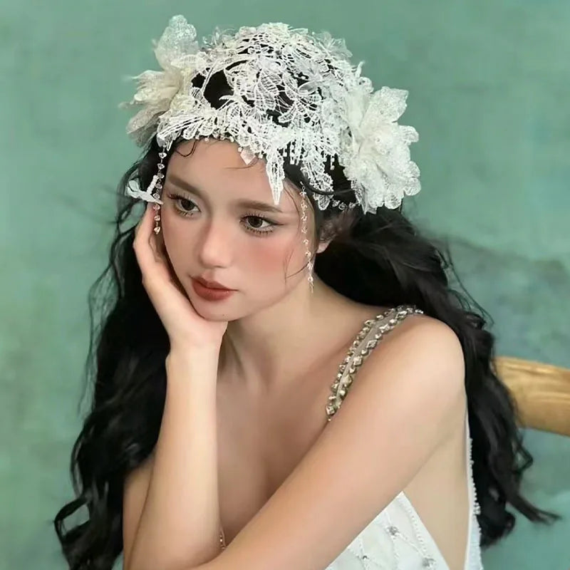 vzyzv  -  New Retro Super Fairy Sweet Bridal Lace Crystal Tassel Head Hat Wedding Dress Photo Wedding Dress Headgear Accessories