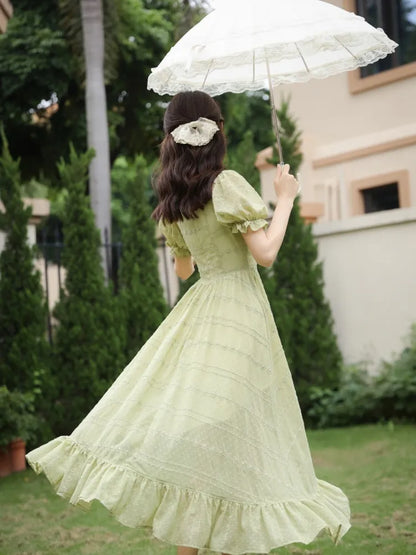 nvxiot  -  French Style Summer Women Green Fairycore Dress Square Collar Solid Sweet Travel Holiday Dress Stylish Ruffles Feminine Dresses