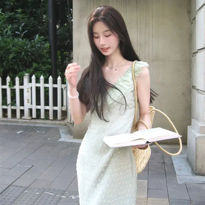 vzyzv -  Ruffled V-neck Holiday Dress Fairy Green Yarn Patchwork Vestidos Summer Beading Sleeveless Slim Long Dresses Thin Z305