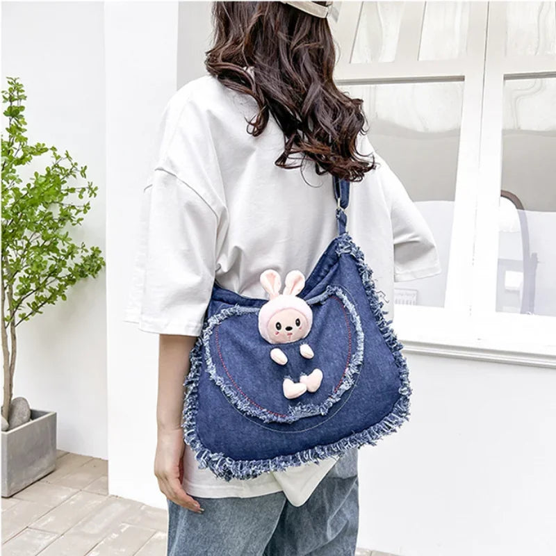 vzyzv  -   High-capacity Canvas Heart Handbags Casual Sweet Tassel Shoulder Bag Cartoon Cute Rabbit Doll Kawaii Denim Crossbody Bags Women