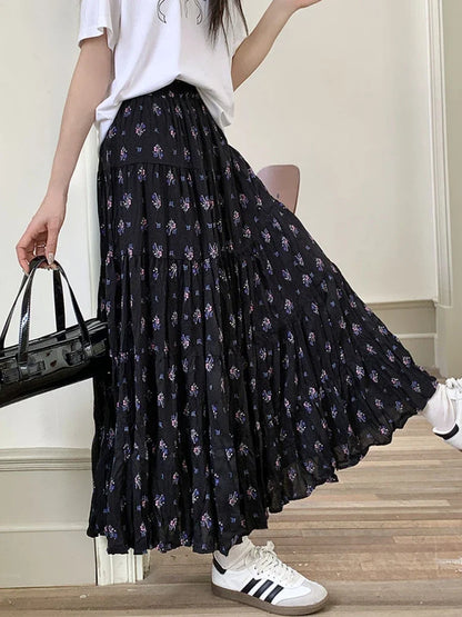 vzyzv -  Print Floral Summer Pleated Skirt Women Mori Girl Style Casual High Waisted Ruffle Midi Long Skirts falda plisada