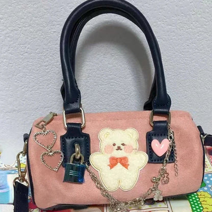 vzyzv  -  Patchwork Bear Heart Chain Shoulder Handbags All Match Kawaii Cute Sweet Crossbody Women Bags Y2k Contrast Color Cylinder