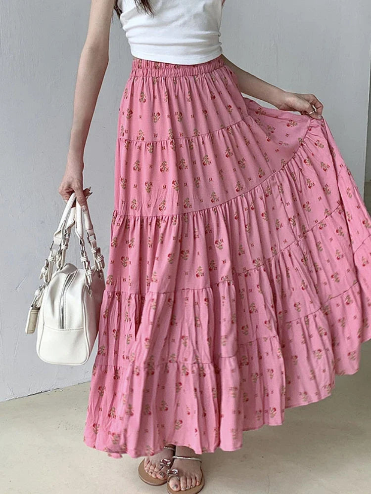 vzyzv -  Print Floral Summer Pleated Skirt Women Mori Girl Style Casual High Waisted Ruffle Midi Long Skirts falda plisada