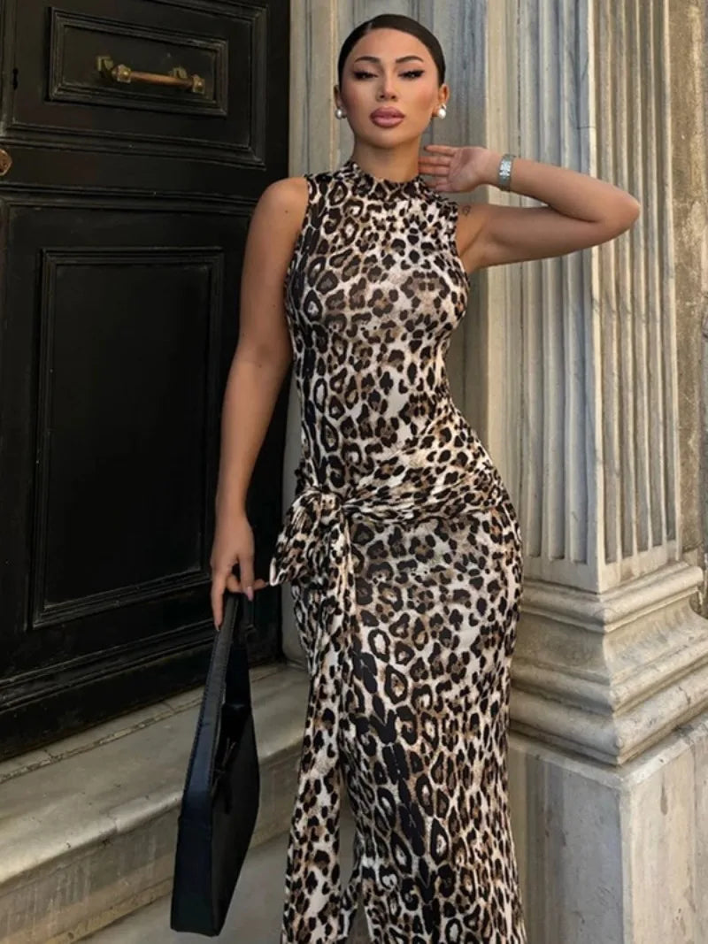 vzyzv  -   Woman Elegant Leopard Print Bandage Long Dress  Summer Sexy O-neck Sleeveless Tunics Bodycon Slit Evening Party Dresses