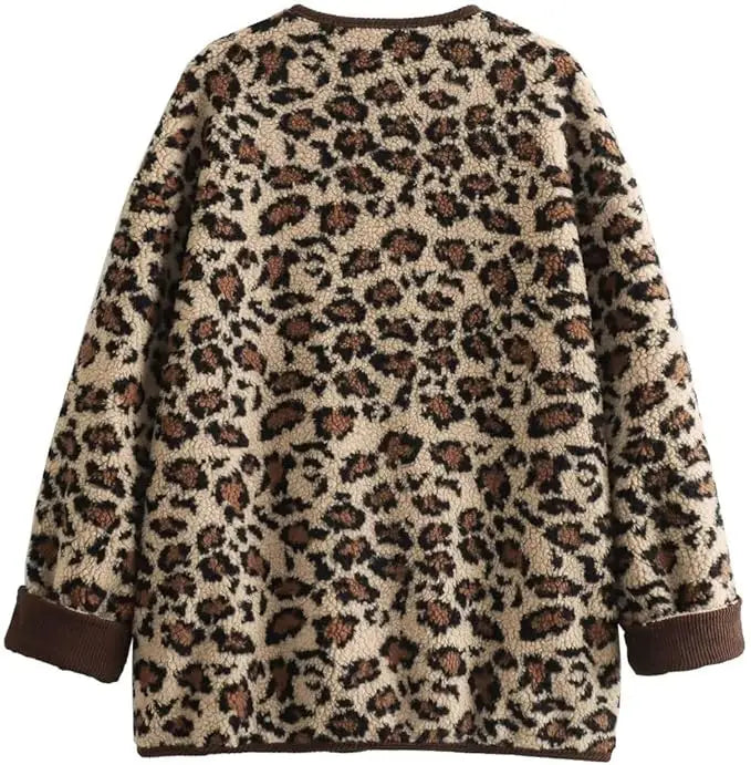 vzyzv  -  New Women's Leopard Fuzzy Fleece Jacket Long Sleeve Open Front Coats Lightweight Casual Outerwear with Pocket Thermal Top Jacket