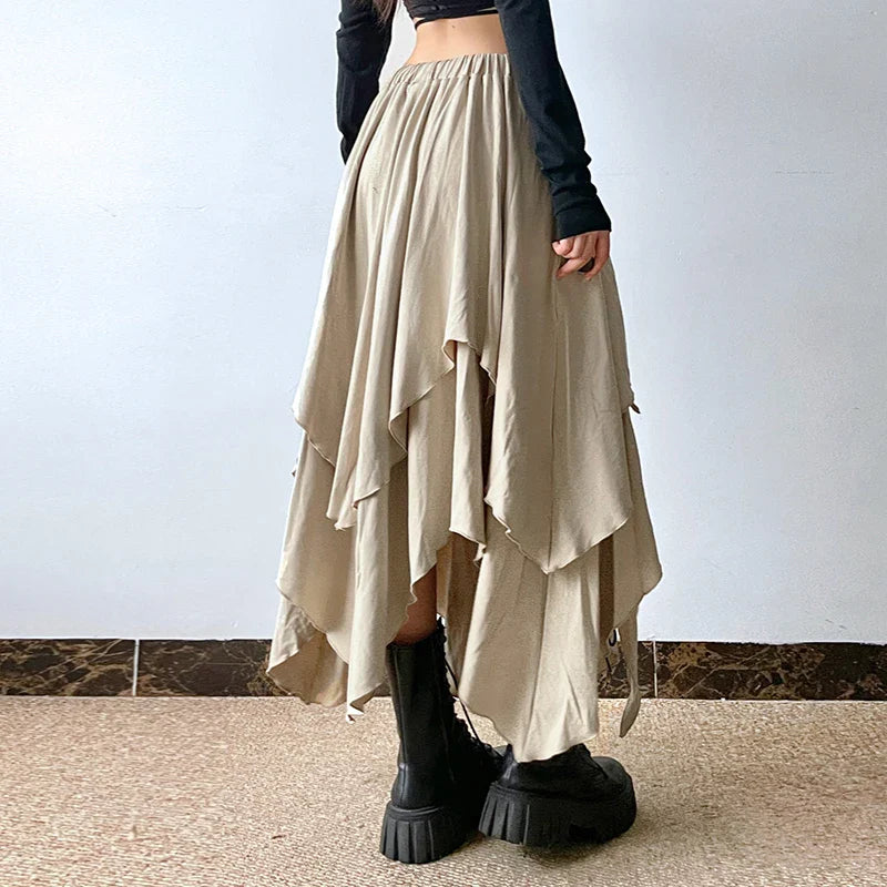 vzyzv  -  Grunge Style Asymmetrical Long Skirt Women Vintage Khaki Elastic Waist Lace-up A-line Skirt Loose Fit Korean Fashion